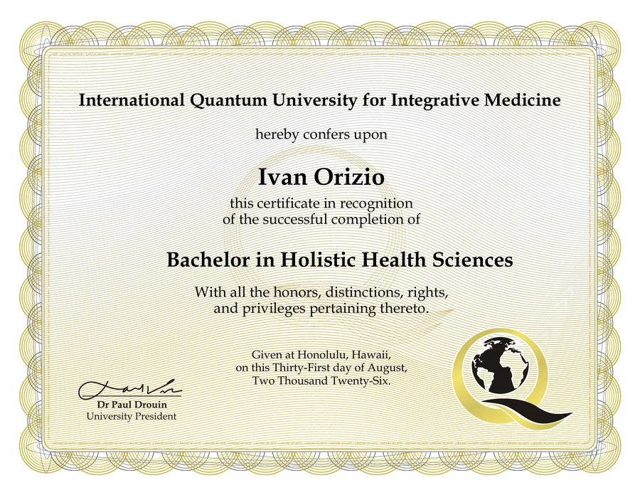 Attestato Bachelor in Holistic Health Sciences intestato a Ivan Orizio